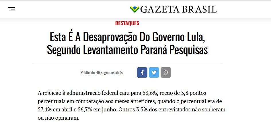 Gazeta Brasil cita pesquisa realizada pela Paraná Pesquisas. 2 Gazeta Brasil cita pesquisa realizada pela Paraná Pesquisas.