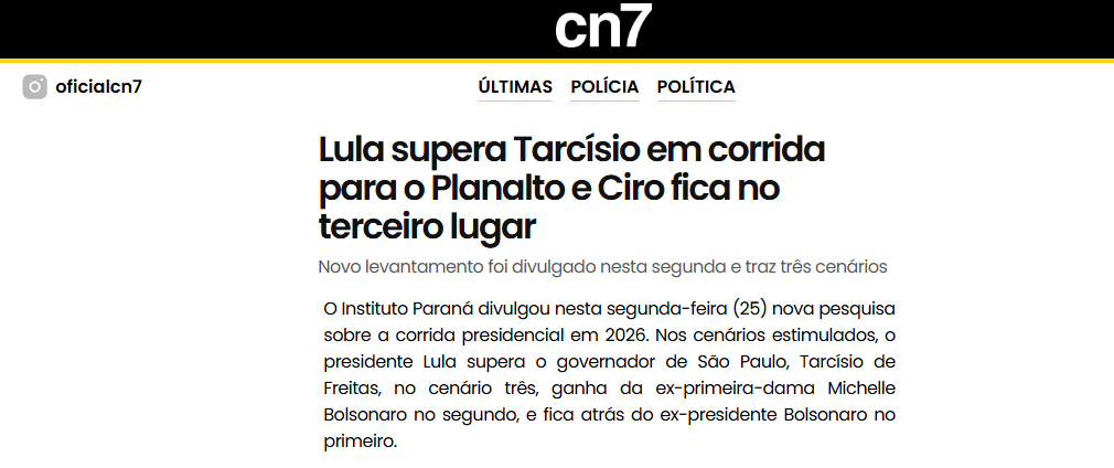 CN7 cita pesquisa realizada pela Paraná Pesquisas.