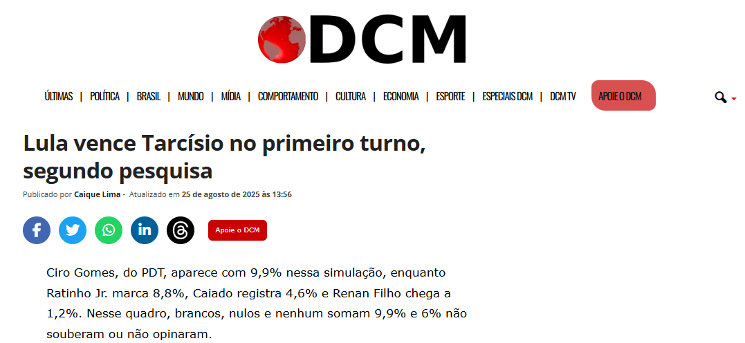 Diário do Centro do Mundo cita pesquisa realizada pela Paraná Pesquisas. 2 Diário do Centro do Mundo cita pesquisa realizada pela Paraná Pesquisas.