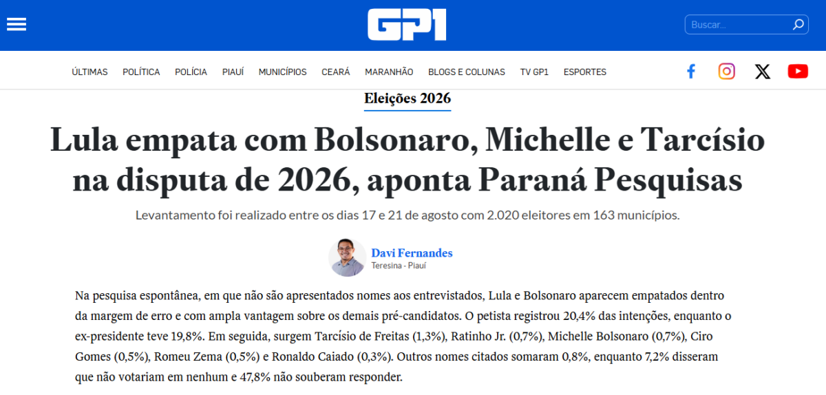 GP1 cita pesquisa realizada pela Paraná Pesquisas. 2 GP1 cita pesquisa realizada pela Paraná Pesquisas.