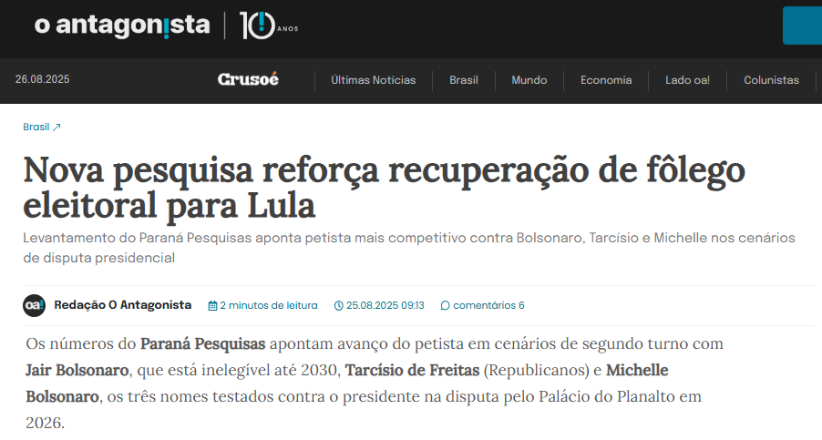 O Antagonista cita pesquisa realizada pela Paraná Pesquisas.