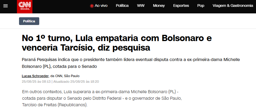 CNN Brasil cita pesquisa realizada pela Paraná Pesquisas. 2 CNN Brasil cita pesquisa realizada pela Paraná Pesquisas.