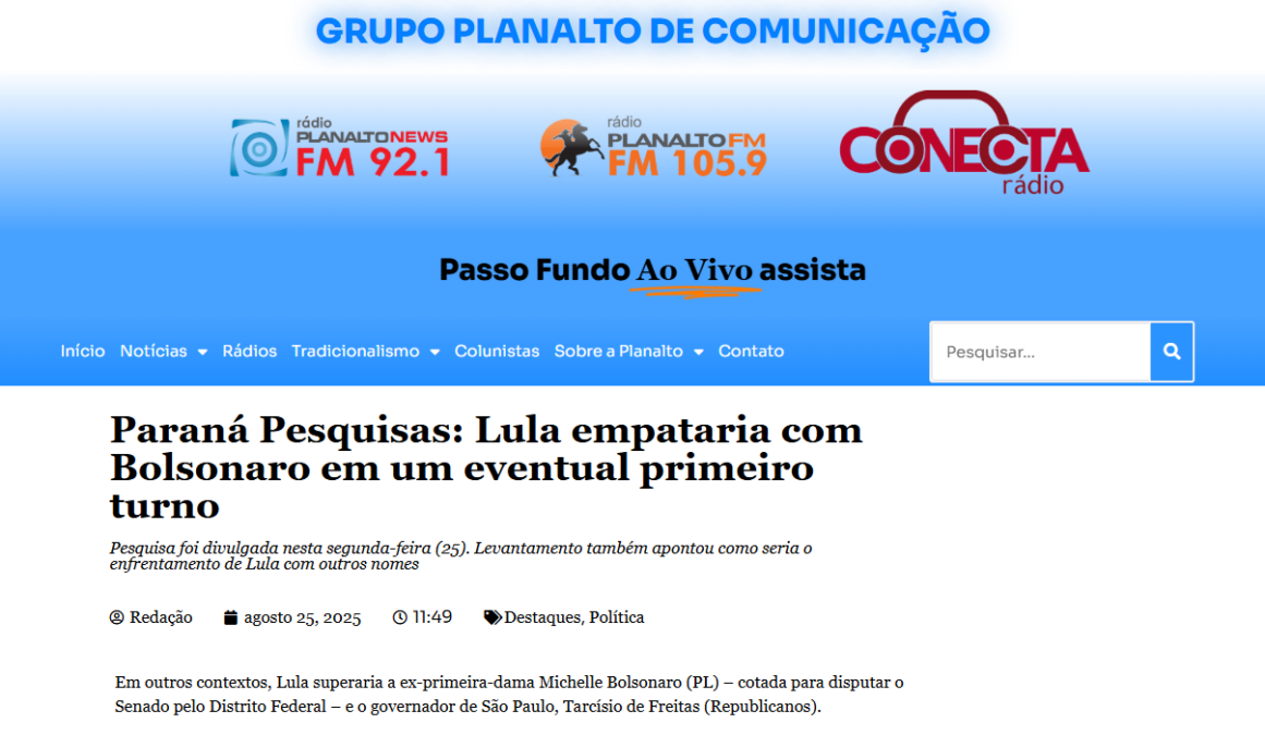 Rádio Planalto cita pesquisa realizada pela Paraná Pesquisas.