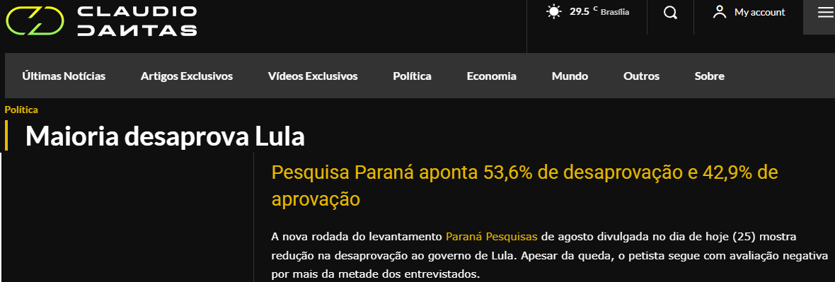 Blog Claudio Dantas cita pesquisa realizada pela Paraná Pesquisas.