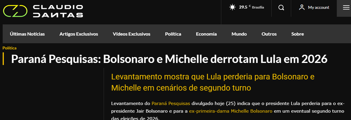 Blog Claudio Dantas cita pesquisa realizada pela Paraná Pesquisas.