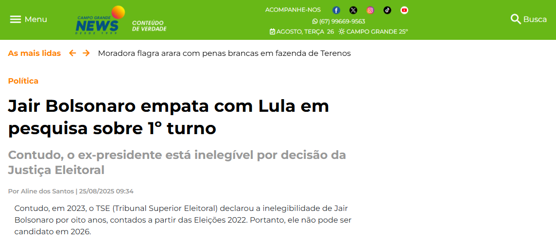 Campo Grande News cita pesquisa realizada pela Paraná Pesquisas. 2 Campo Grande News cita pesquisa realizada pela Paraná Pesquisas.