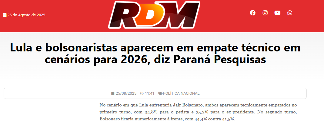 RDM Online cita pesquisa realizada pela Paraná Pesquisas. 2 RDM Online cita pesquisa realizada pela Paraná Pesquisas.