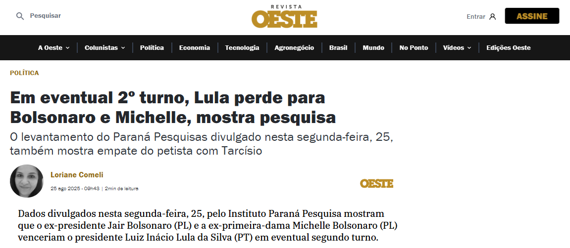 Revista Oeste cita pesquisa realizada pela Paraná Pesquisas.