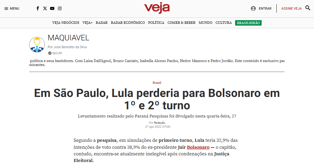 Veja cita pesquisa realizada pela Paraná Pesquisas no Estado de São Paulo.