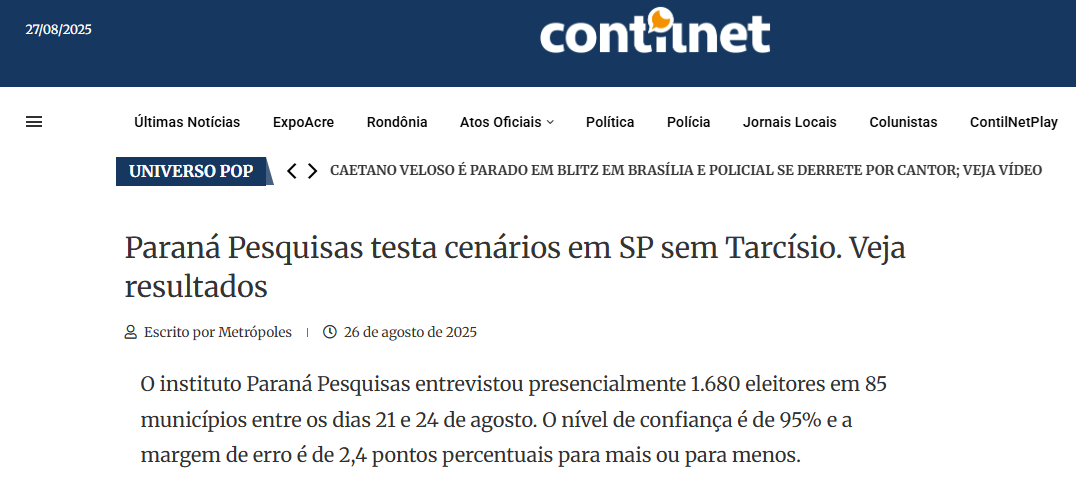 Contilnet cita pesquisa realizada pela Paraná Pesquisas no Estado de São Paulo.