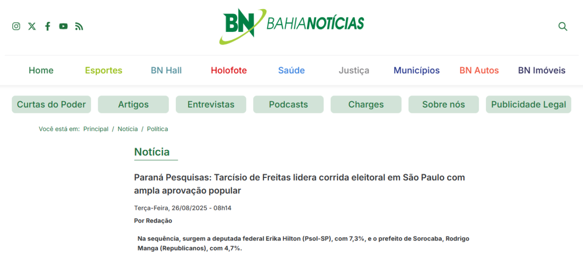 Bahia Notícias cita pesquisa realizada pela Paraná Pesquisas no Estado de São Paulo.