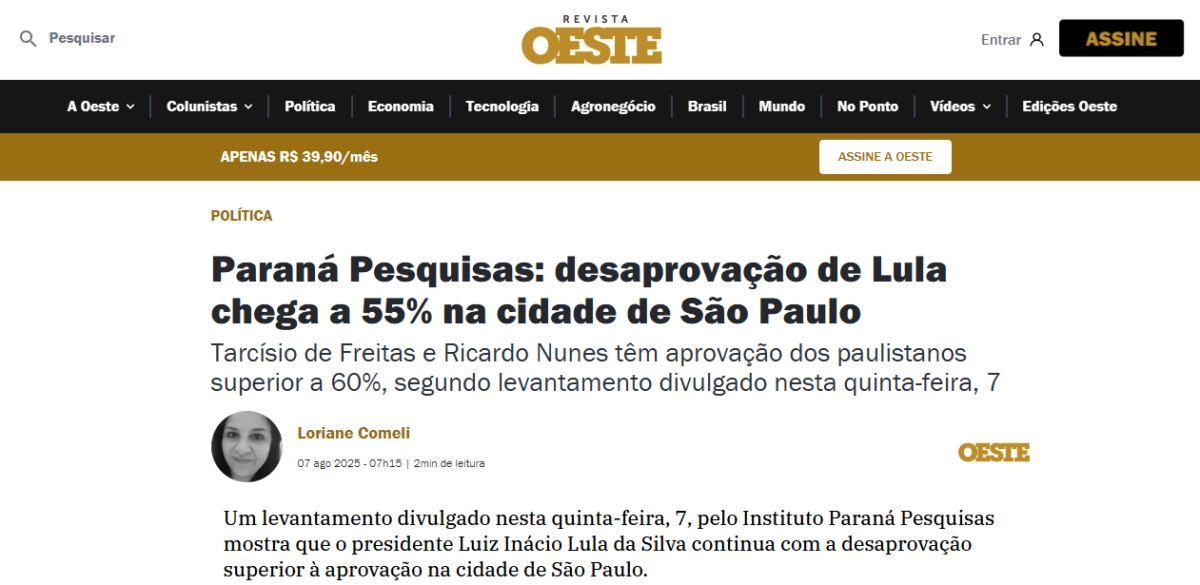 Revista Oeste cita pesquisa realizada pela Paraná Pesquisas em São Paulo. 2 Revista Oeste cita pesquisa realizada pela Paraná Pesquisas em São Paulo.