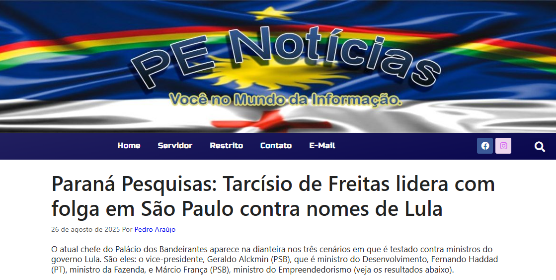 PE Notícias cita pesquisa realizada pela Paraná Pesquisas no Estado de São Paulo. 2 PE Notícias cita pesquisa realizada pela Paraná Pesquisas no Estado de São Paulo.