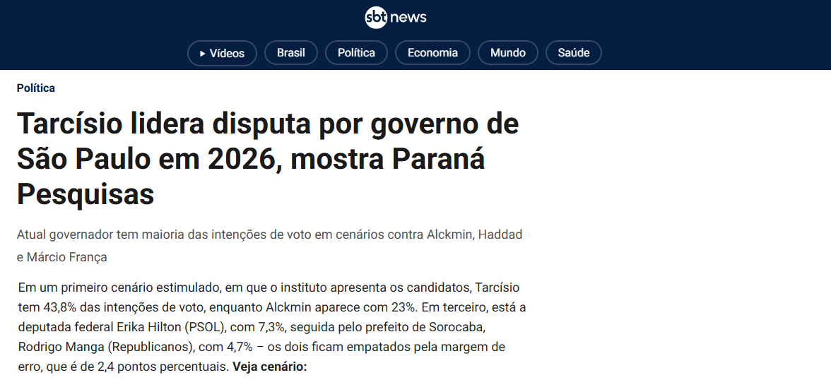 SBT News cita pesquisa realizada pela Paraná Pesquisas no Estado de São Paulo. 2 SBT News cita pesquisa realizada pela Paraná Pesquisas no Estado de São Paulo.
