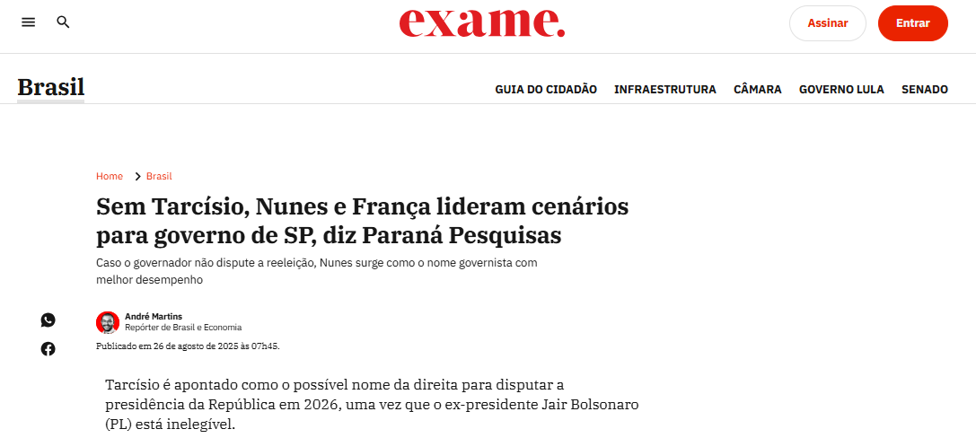Exame cita pesquisa realizada pela Paraná Pesquisas no Estado de São Paulo. 2 Exame cita pesquisa realizada pela Paraná Pesquisas no Estado de São Paulo.