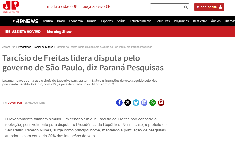 Jovem Pan cita pesquisa realizada pela Paraná Pesquisas no Estado de São Paulo. 2 Jovem Pan cita pesquisa realizada pela Paraná Pesquisas no Estado de São Paulo.
