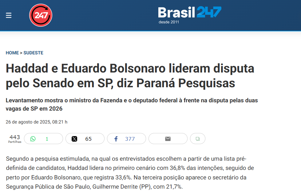 Brasil 247 cita pesquisa realizada pela Paraná Pesquisas no Estado de São Paulo. 2 Brasil 247 cita pesquisa realizada pela Paraná Pesquisas no Estado de São Paulo.