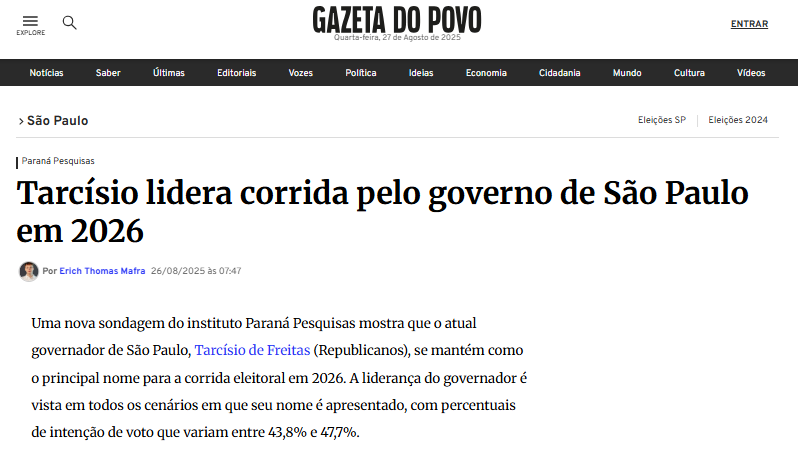 Gazeta do Povo cita pesquisa realizada pela Paraná Pesquisas no Estado de São Paulo. 2 Gazeta do Povo cita pesquisa realizada pela Paraná Pesquisas no Estado de São Paulo.