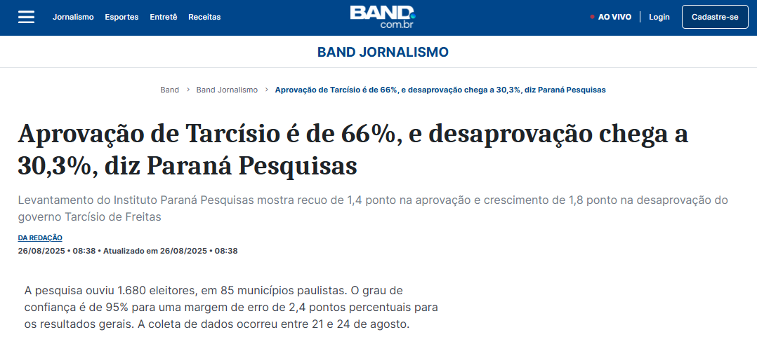 Band cita pesquisa realizada pela Paraná Pesquisas no Estado de São Paulo. 2 Band cita pesquisa realizada pela Paraná Pesquisas no Estado de São Paulo.