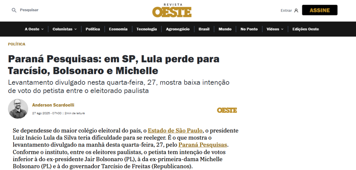 Revista Oeste cita pesquisa realizada pela Paraná Pesquisas no Estado de São Paulo. 2 Revista Oeste cita pesquisa realizada pela Paraná Pesquisas no Estado de São Paulo.