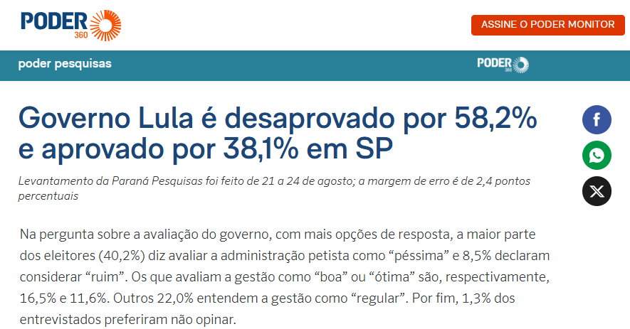 Poder 360 cita pesquisa realizada pela Paraná Pesquisas no Estado de São Paulo.