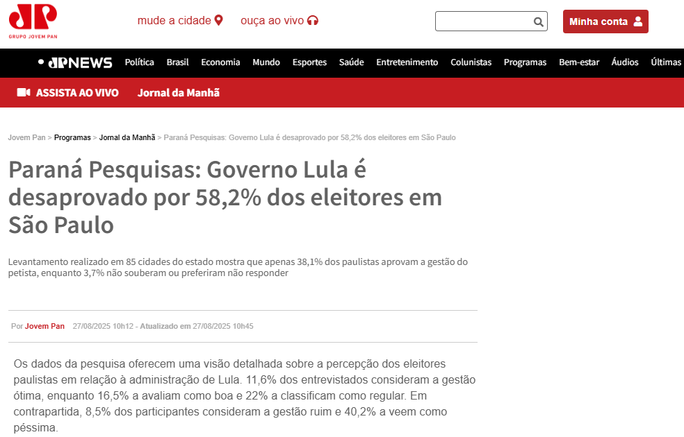 Jovem Pan cita pesquisa realizada pela Paraná Pesquisas no Estado de São Paulo. 2 Jovem Pan cita pesquisa realizada pela Paraná Pesquisas no Estado de São Paulo.