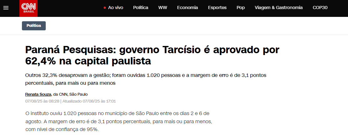 CNN Brasil cita pesquisa realizada pela Paraná Pesquisas em São Paulo.