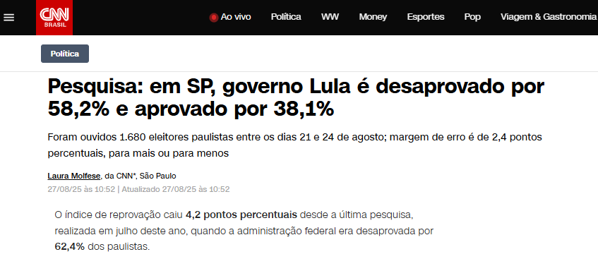 CNN Brasil cita pesquisa realizada pela Paraná Pesquisas no Estado de São Paulo.