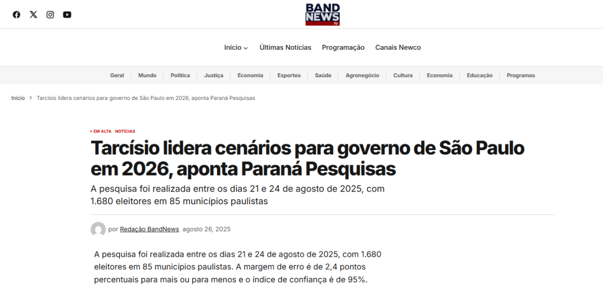 Band News cita pesquisa realizada pela Paraná Pesquisas no Estado de São Paulo.