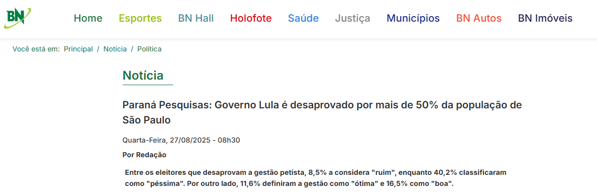 Bahia Notícias cita pesquisa realizada pela Paraná Pesquisas no Estado de São Paulo.