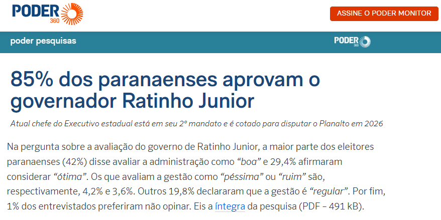 Poder 360 cita pesquisa realizada pela Paraná Pesquisas no Estado do Paraná.