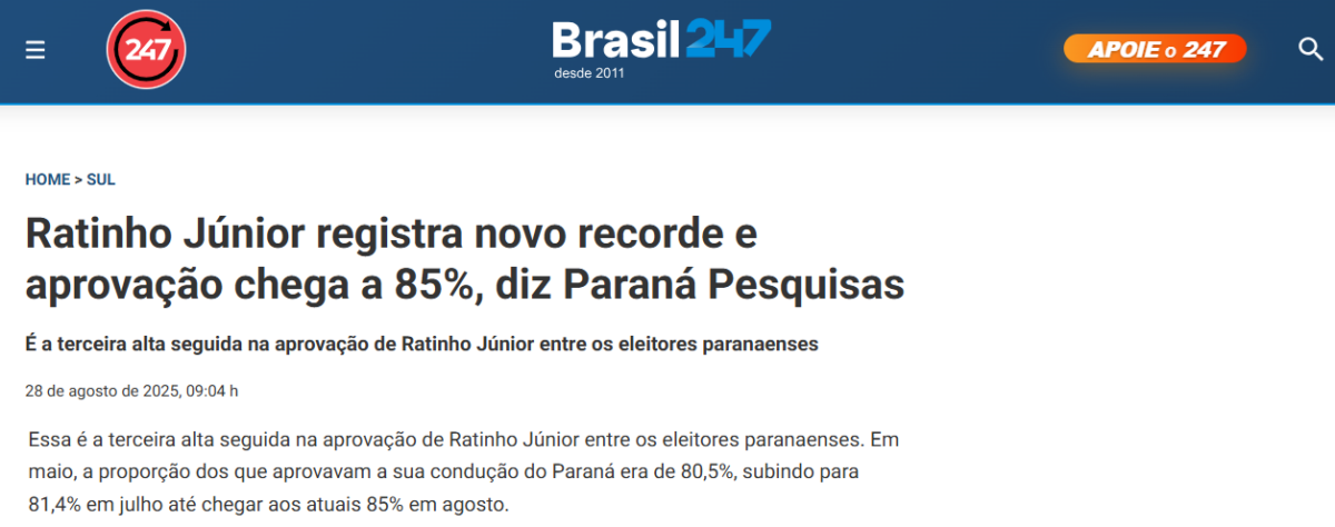Brasil 247 cita pesquisa realizada pela Paraná Pesquisas no Estado do Paraná.