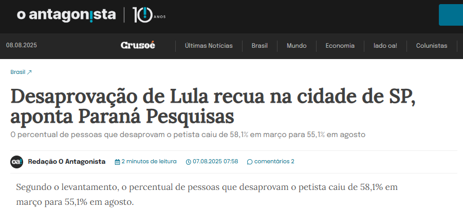 O Antagonista cita pesquisa realizada pela Paraná Pesquisas em São Paulo. 2 O Antagonista cita pesquisa realizada pela Paraná Pesquisas em São Paulo.