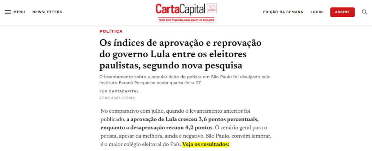 Carta Capital cita pesquisa realizada pela Paraná Pesquisas no Estado de São Paulo.