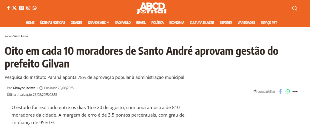 ABC Jornal cita pesquisa realizada pela Paraná Pesquisas no Município de Santo André. 2 ABC Jornal cita pesquisa realizada pela Paraná Pesquisas no Município de Santo André.