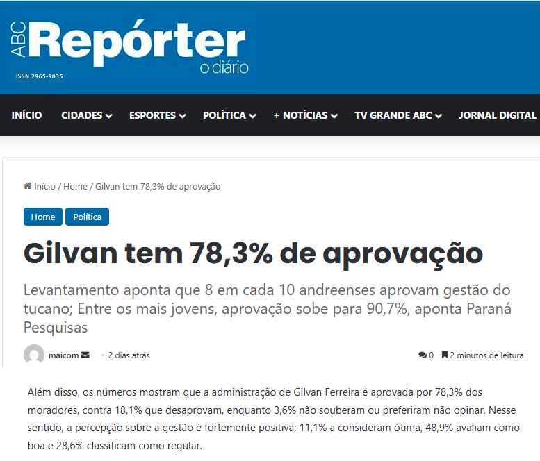 ABC Repórter cita pesquisa realizada pela Paraná Pesquisas no Município de Santo André. 2 ABC Repórter cita pesquisa realizada pela Paraná Pesquisas no Município de Santo André.