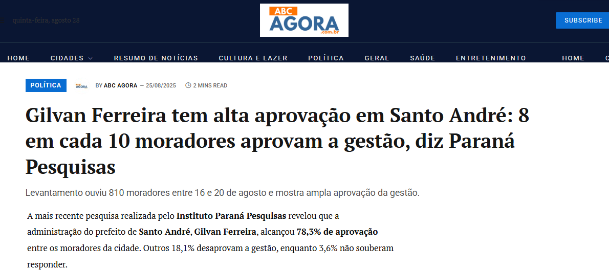 ABC Agora cita pesquisa realizada pela Paraná Pesquisas no Município de Santo André. 2 ABC Agora cita pesquisa realizada pela Paraná Pesquisas no Município de Santo André.