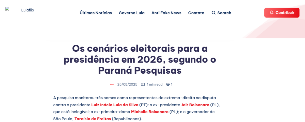 Lulaflix cita pesquisa realizada pela Paraná Pesquisas. 2 Lulaflix cita pesquisa realizada pela Paraná Pesquisas.