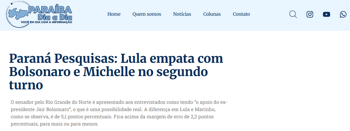 Paraíba Dia a Dia cita pesquisa realizada pela Paraná Pesquisas.