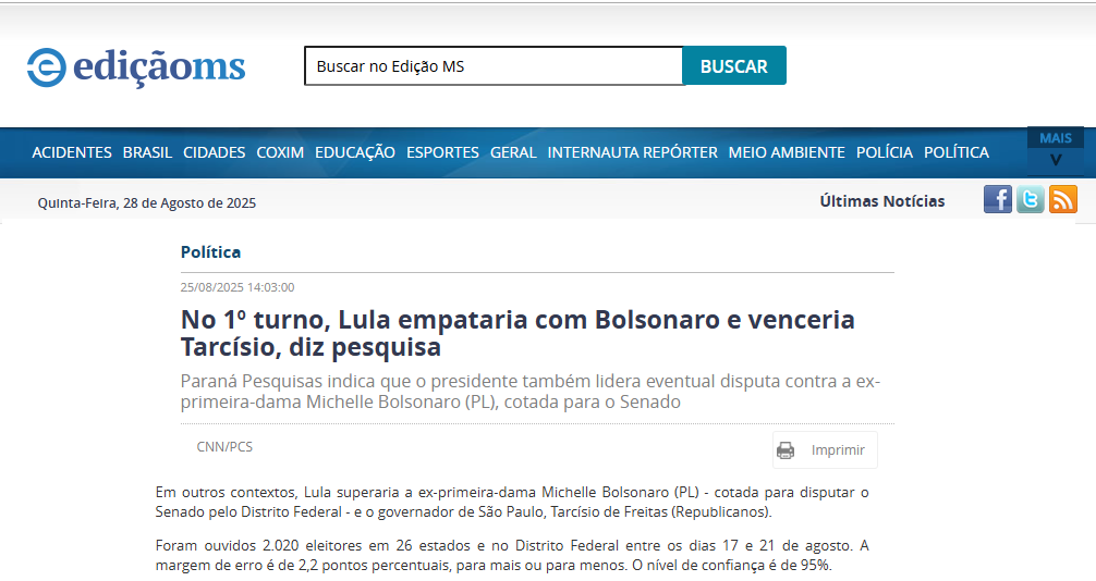 Edição MS cita pesquisa realizada pela Paraná Pesquisas. 2 Edição MS cita pesquisa realizada pela Paraná Pesquisas.