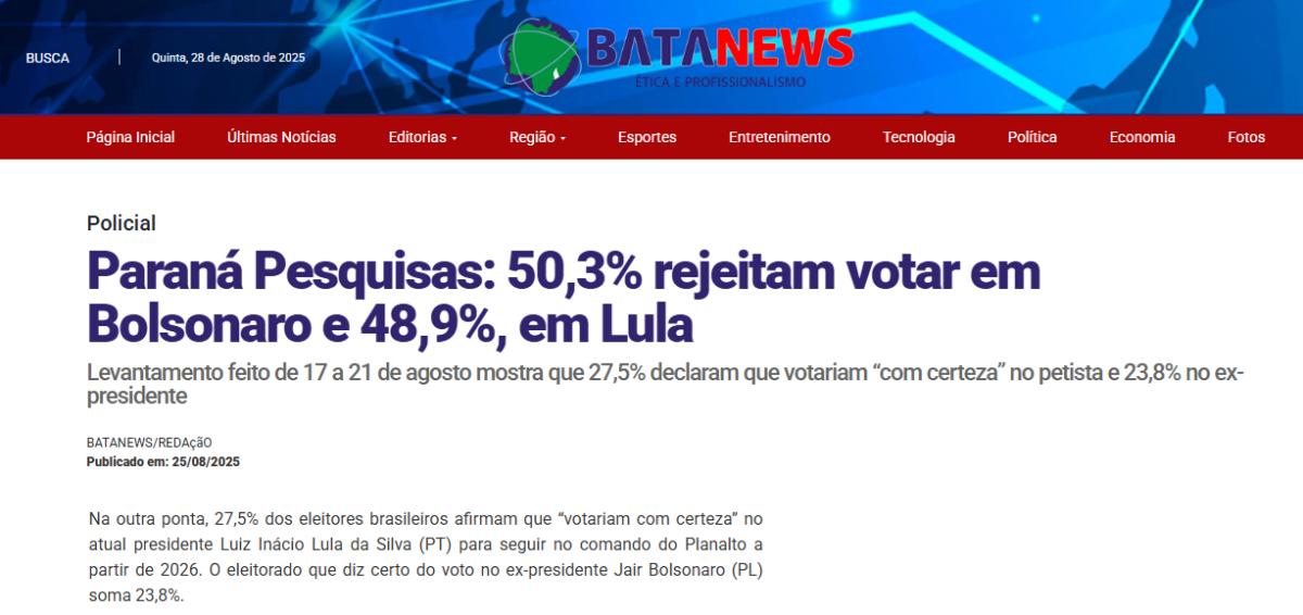 Bata News cita pesquisa realizada pela Paraná Pesquisas.