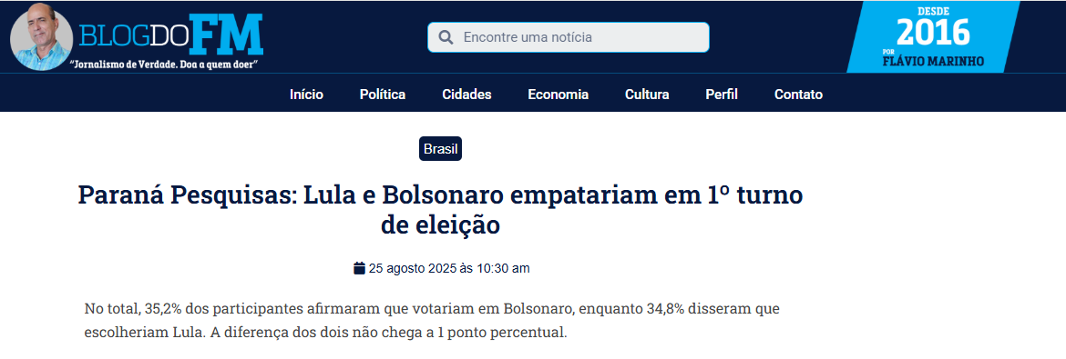 Blog do FM cita pesquisa realizada pela Paraná Pesquisas.