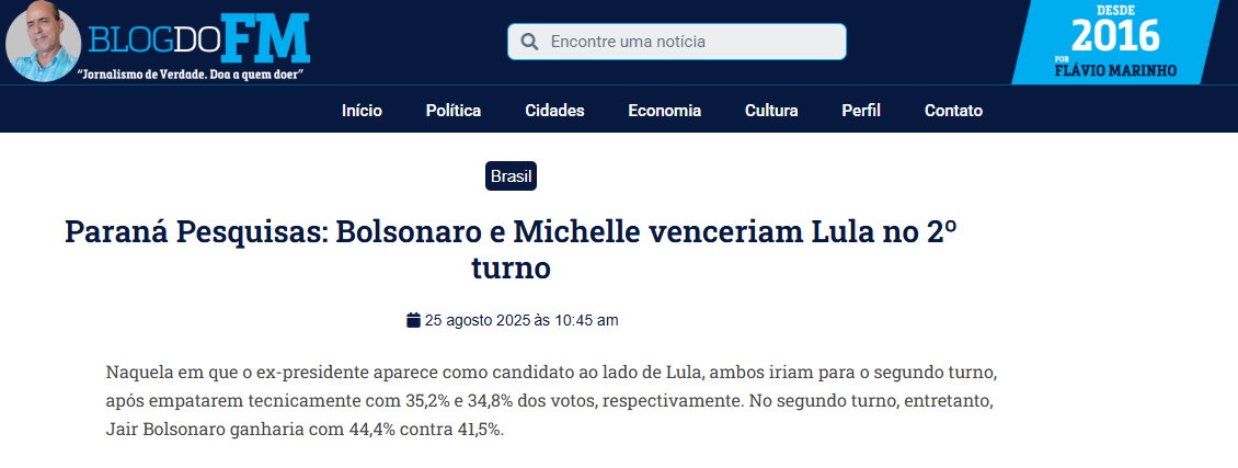 Blog do FM cita pesquisa realizada pela Paraná Pesquisas.
