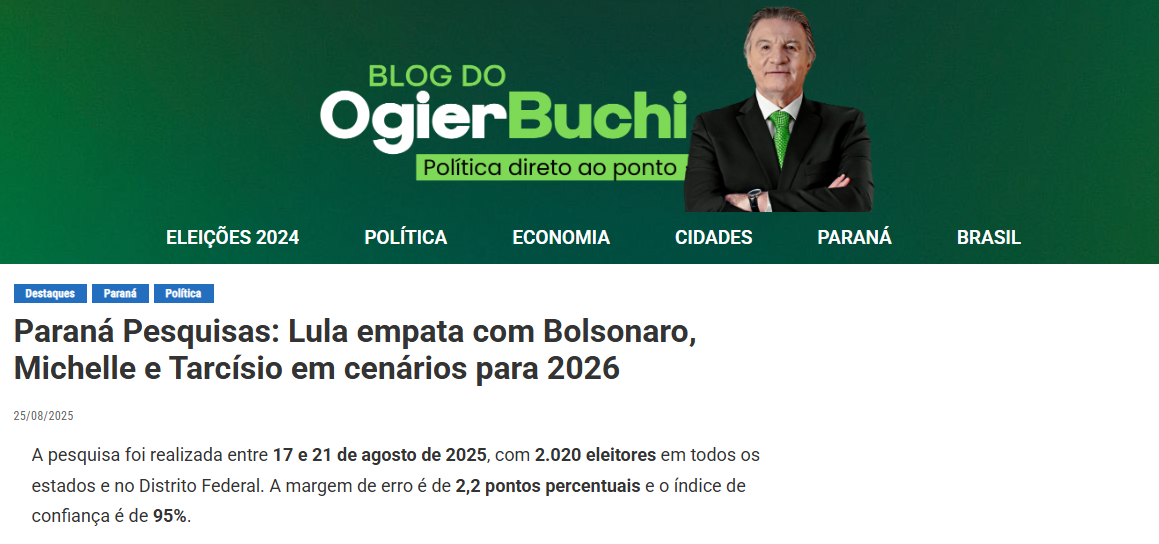 Blog do Ogier Buchi cita pesquisa realizada pela Paraná Pesquisas. 2 Blog do Ogier Buchi cita pesquisa realizada pela Paraná Pesquisas.