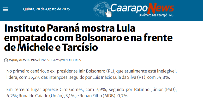 Caarapó News cita pesquisa realizada pela Paraná Pesquisas. 2 Caarapó News cita pesquisa realizada pela Paraná Pesquisas.