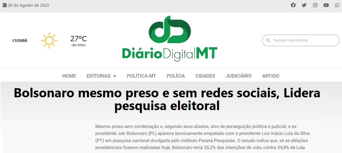 Diário Digital MT cita pesquisa realizada pela Paraná Pesquisas.