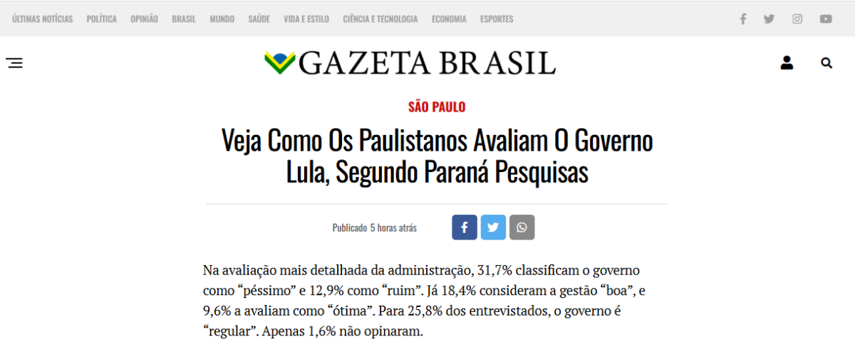 Gazeta Brasil cita pesquisa realizada pela Paraná Pesquisas em São Paulo.