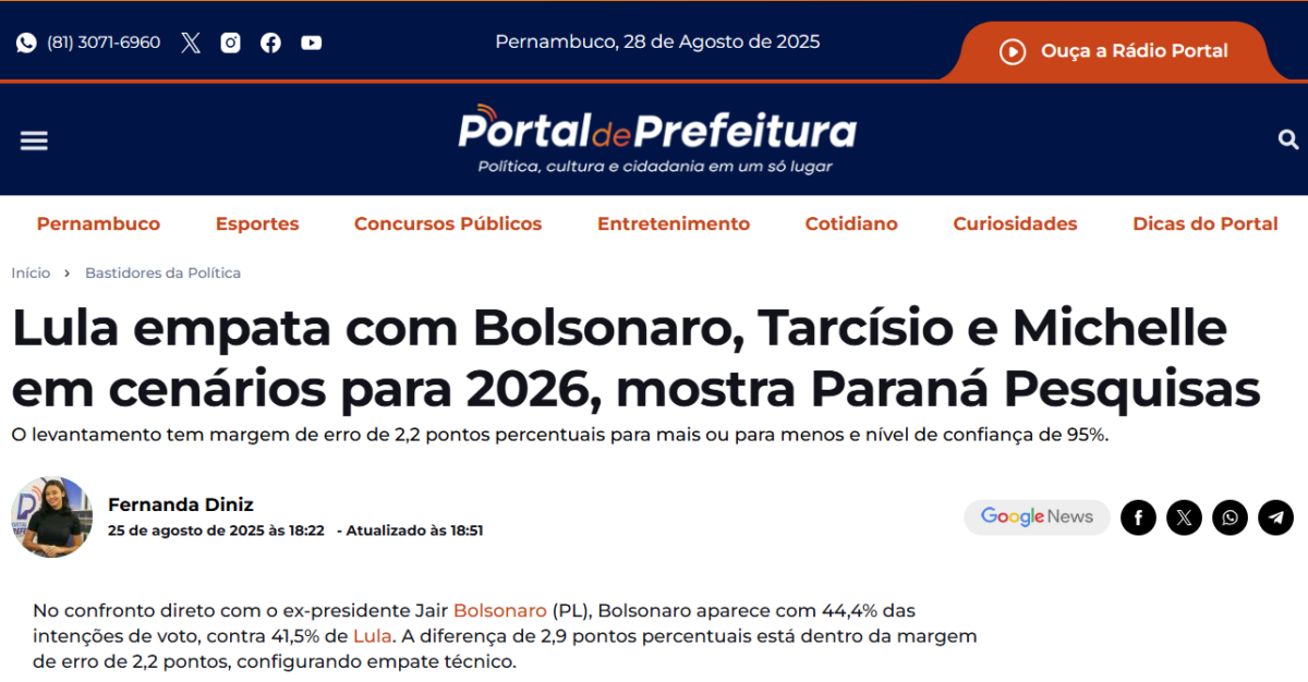 Portal de Prefeitura cita pesquisa realizada pela Paraná Pesquisas.