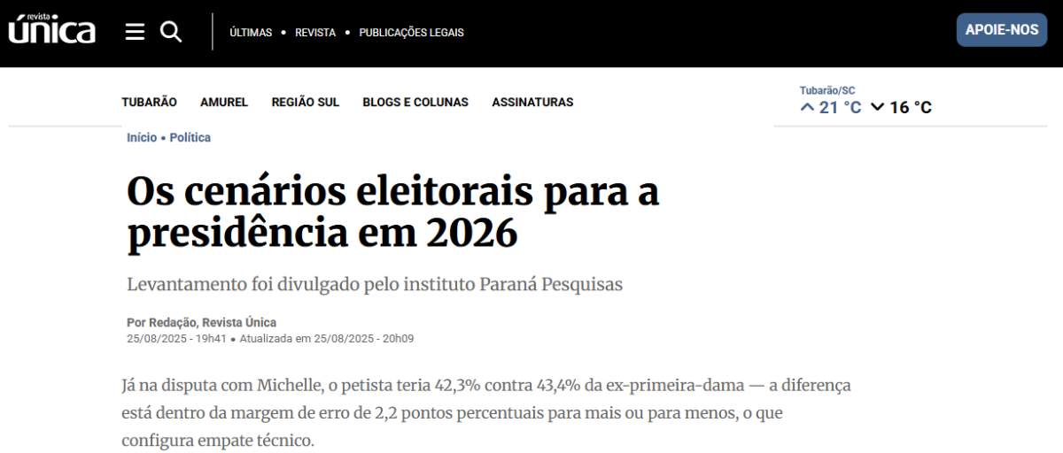 Revista Única cita pesquisa realizada pela Paraná Pesquisas.