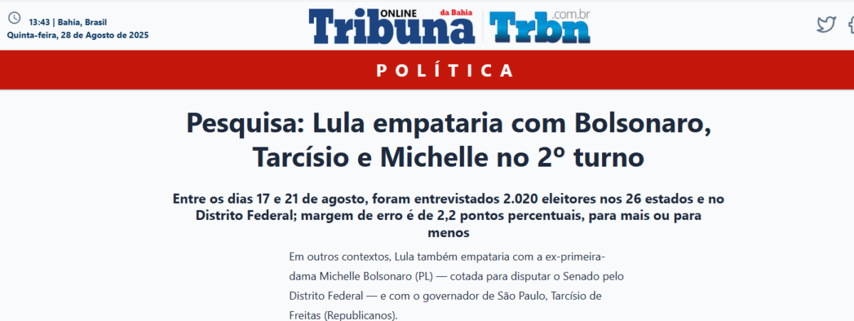 Tribuna da Bahia cita pesquisa realizada pela Paraná Pesquisas.
